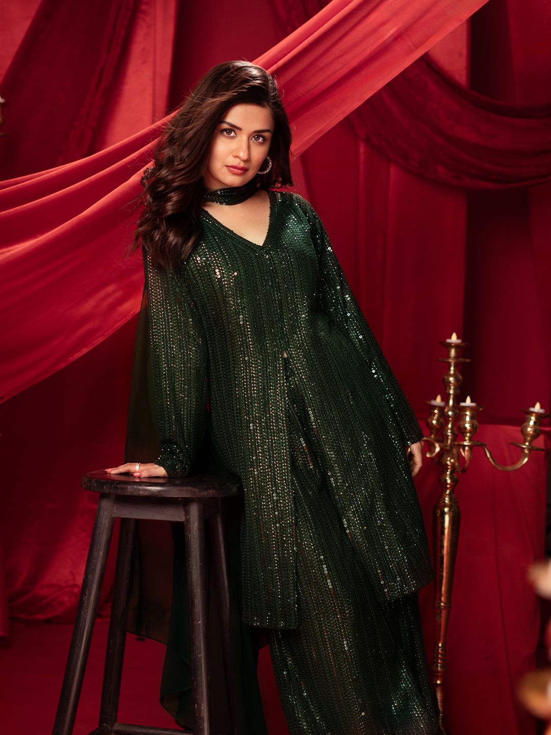 Dhiyona LL Embroidered Sequinned Kurta with Palazzos & Dupatta