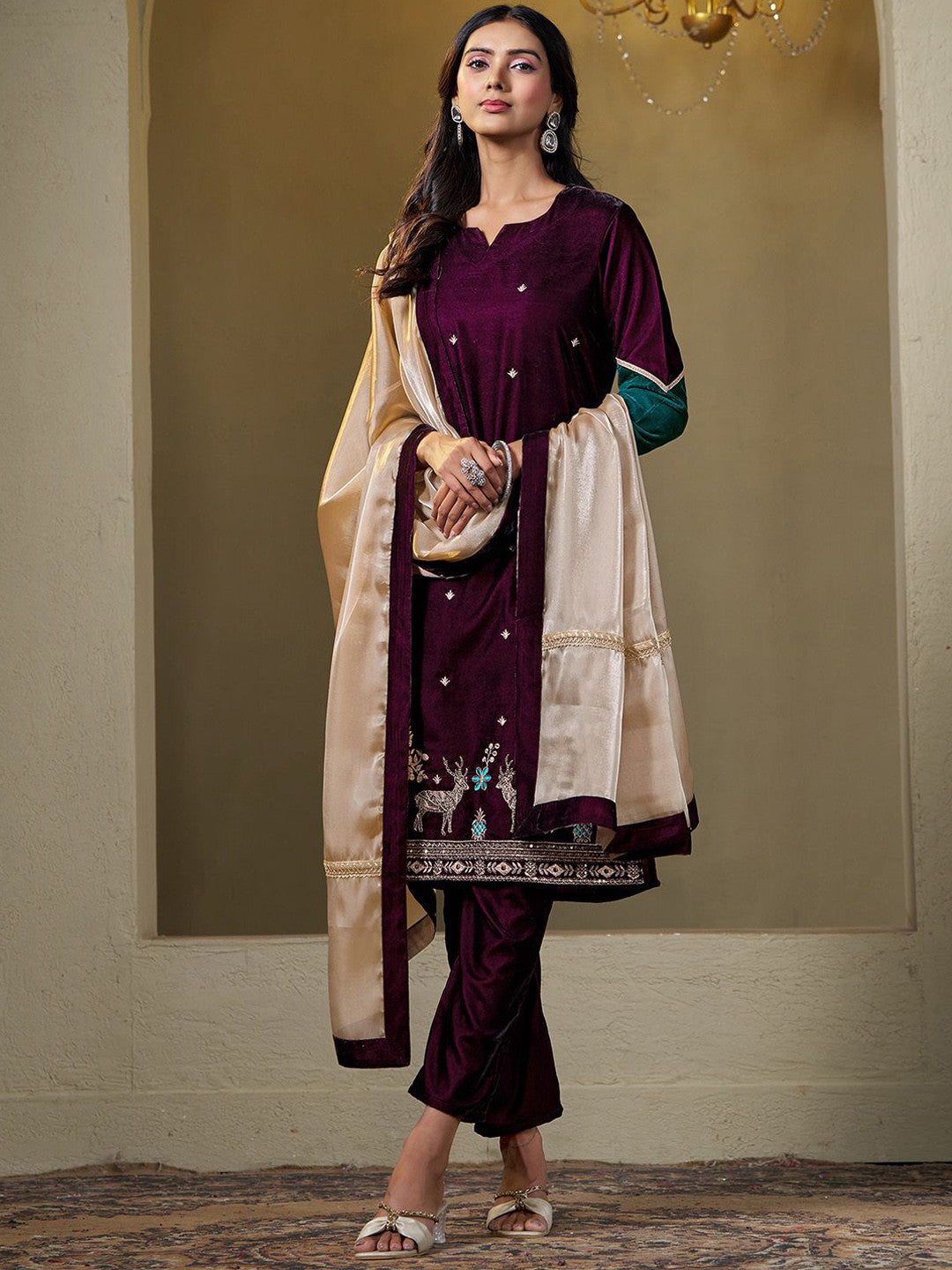 Women Velvet Embroidered Straight Kurta Pant With Dupatta Set
