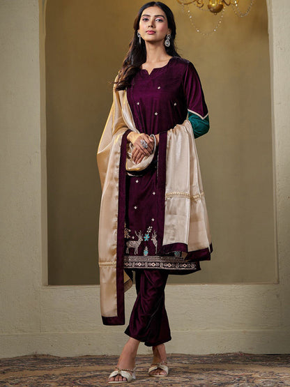 Women Velvet Embroidered Straight Kurta Pant With Dupatta Set