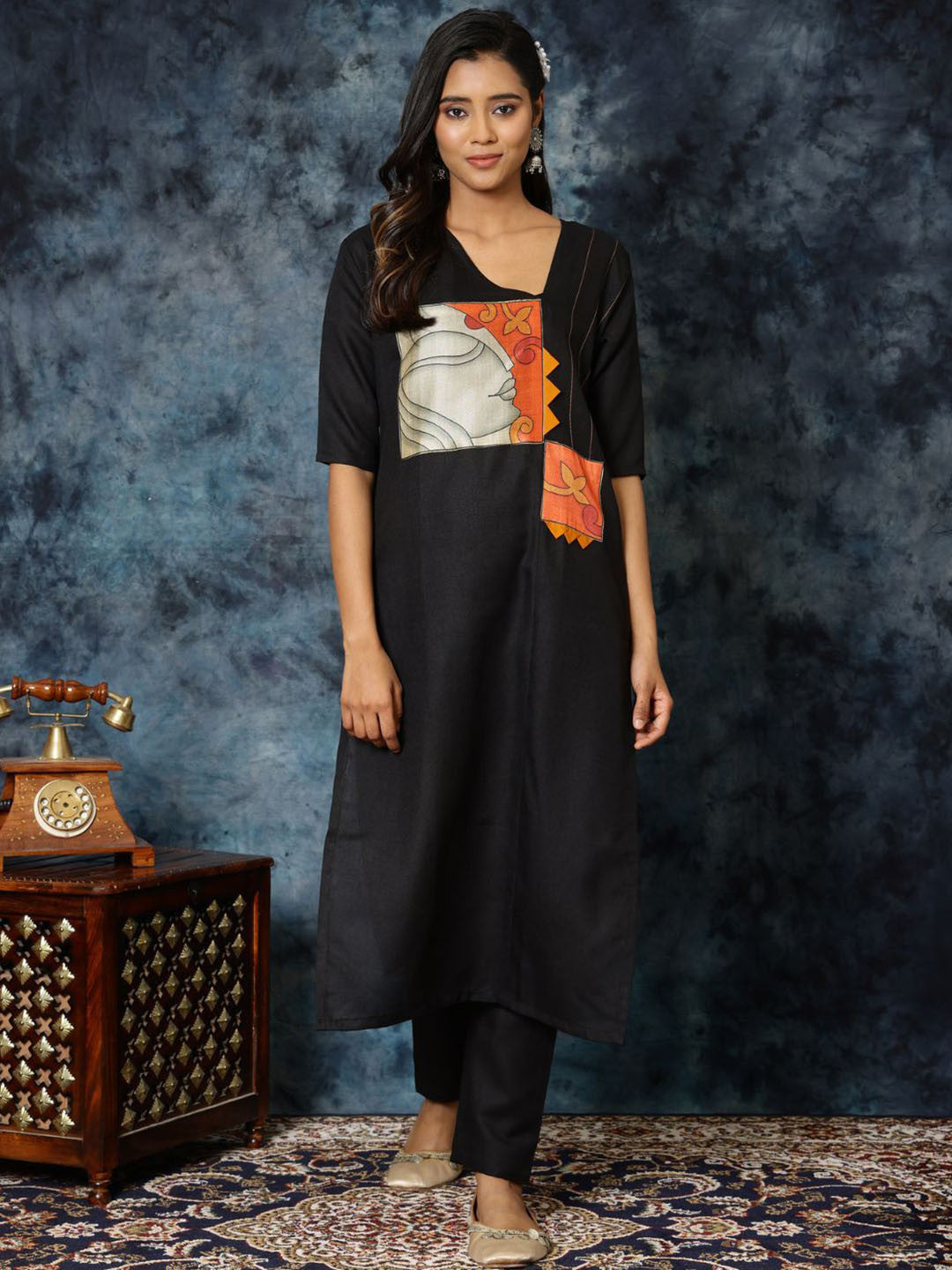 Black Abstract Printed V-Neck Patchwork Straight Kurta With Trousers And Dupatta