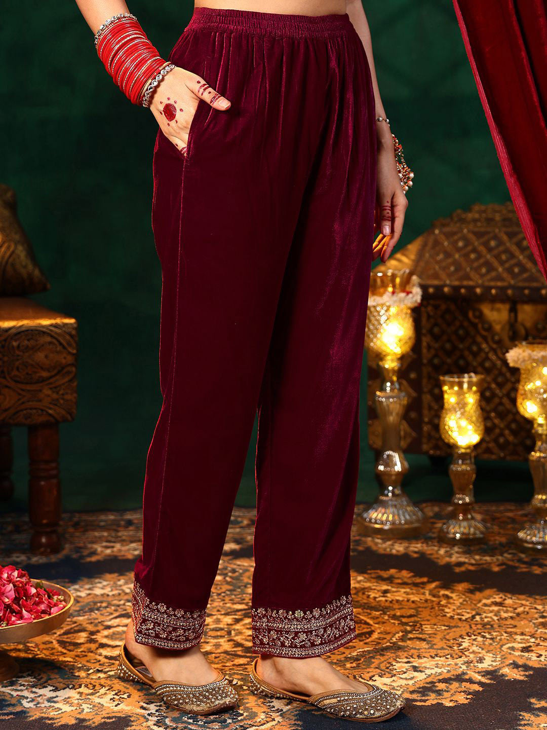 Floral Embroidered Velvet Straight Kurta With Trousers & Dupatta