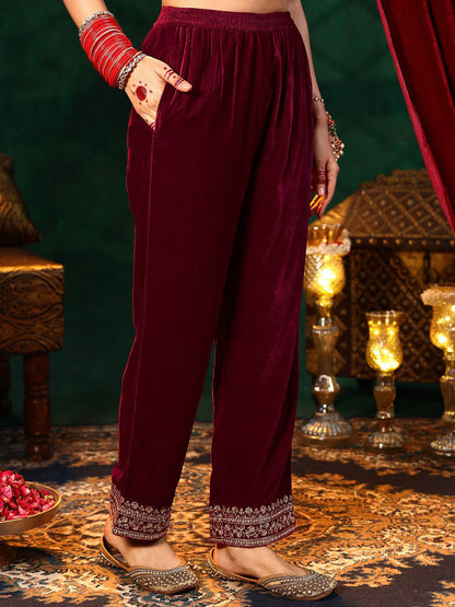 Floral Embroidered Velvet Straight Kurta With Trousers & Dupatta