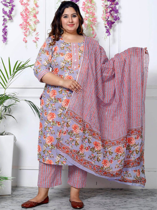 Dhiyona KL Floral Printed Round Neck Sequinned Pure Cotton Kurta with Trousers & With Dupatta