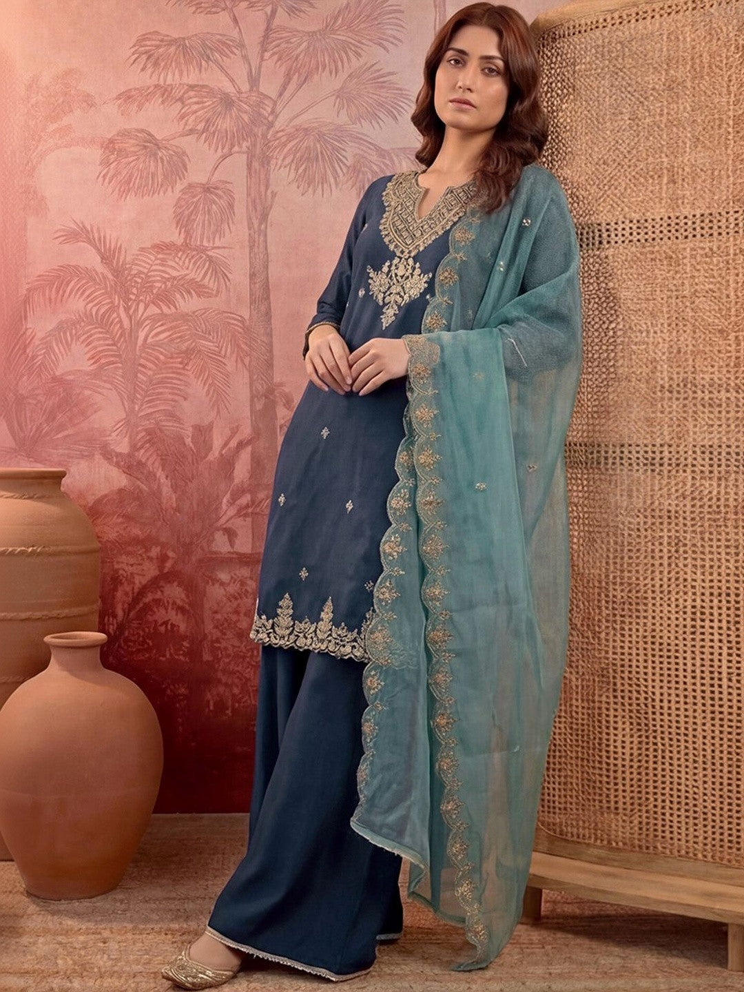 Embroidered Round Neck Kurta & Palazzos With Dupatta