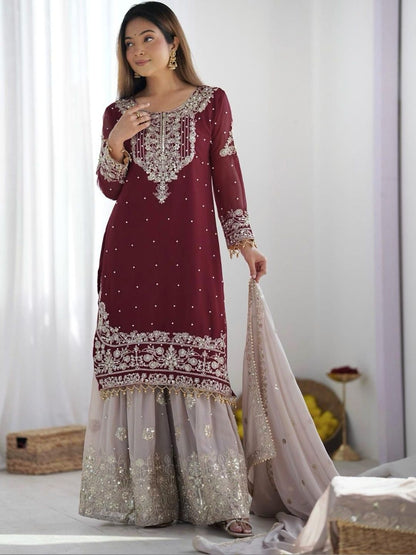 Dhiyona KL Women Embroidered Regular Sequinned Kurta with Sharara & With Dupatta