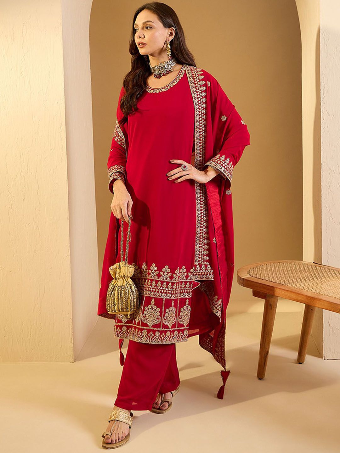 Dhiyona IN Women Ethnic Motifs Embroidered Regular Kurta with Palazzos & With Dupatta