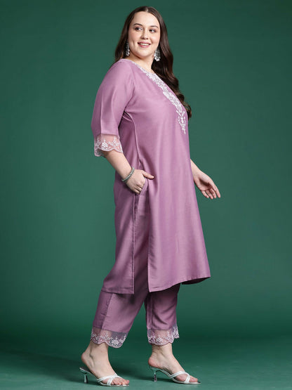 Women's Plus Size Mauve Embroidered Straight Kurta Trousers With Dupatta Set