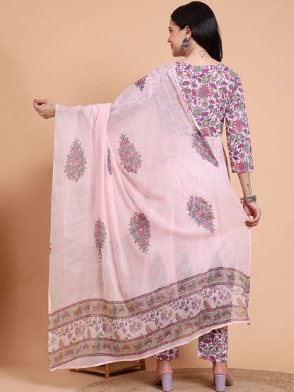 Dhiyona KL Women Floral Printed Regular Pure Cotton Kurta with Trousers & With Dupatta