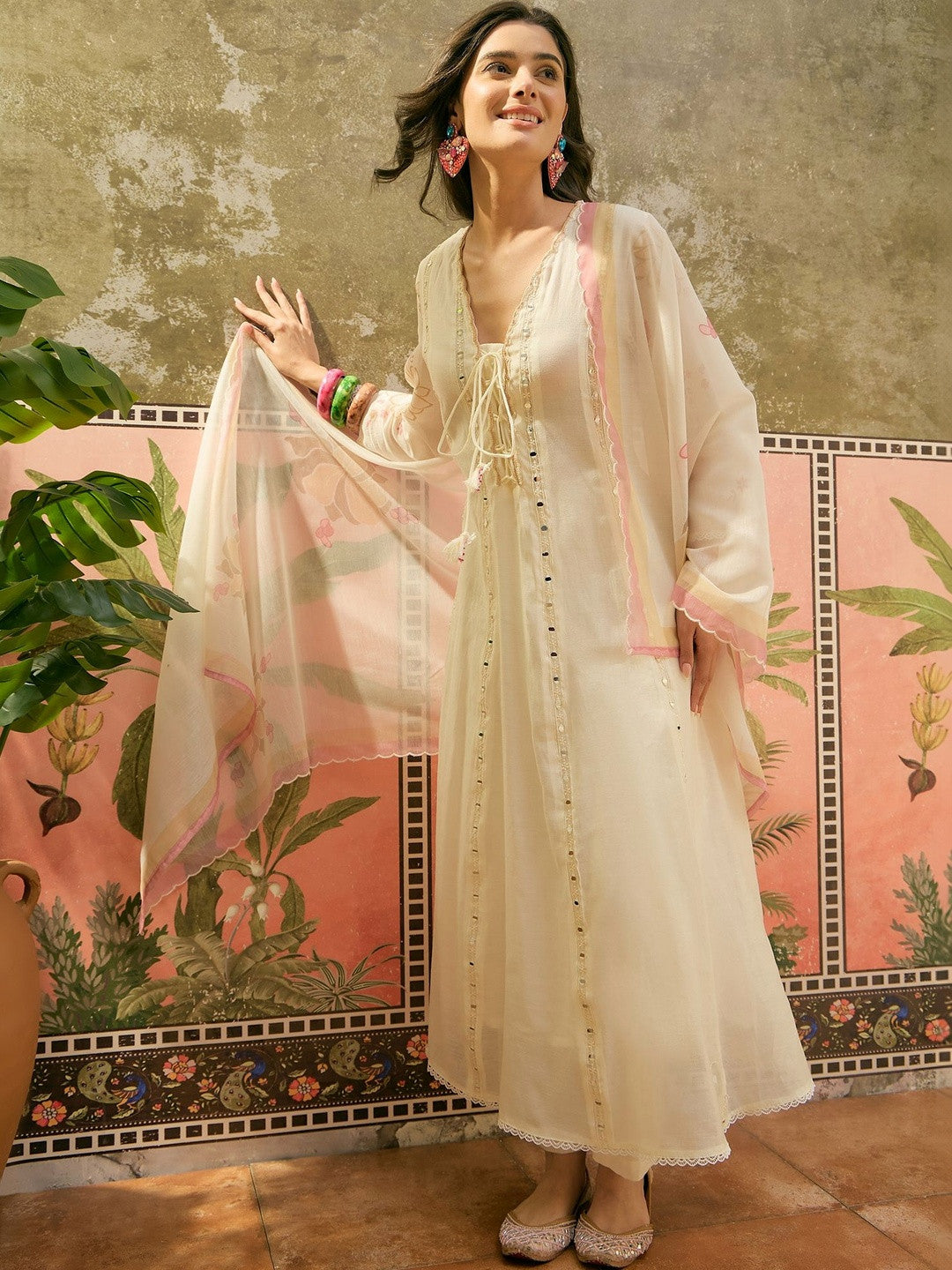 Embroidered V-Neck Anarkali Kurta & Trousers With Dupatta