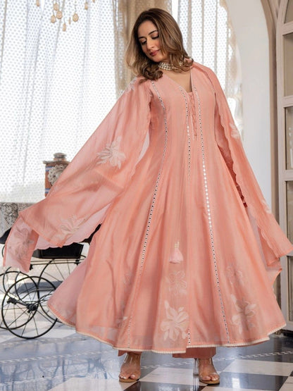 Women Floral Embroidered Regular Mirror Work Chanderi Silk Kurta with Trousers & With Dupatta