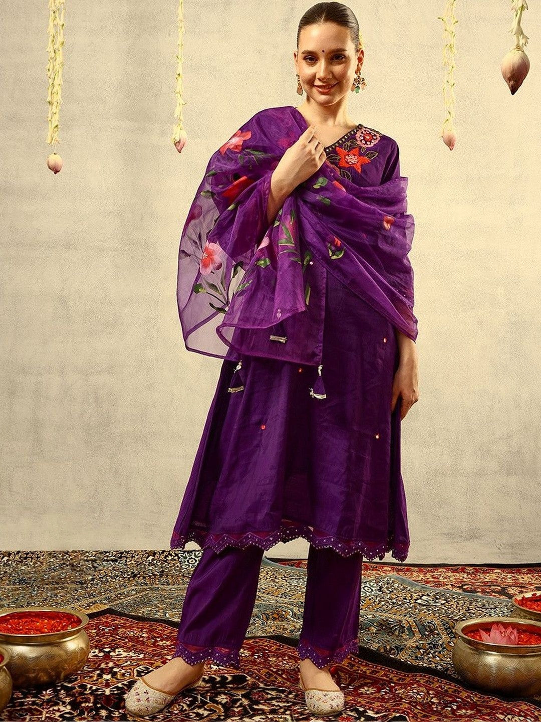 Embroidered V-Neck Kurta & Trousers With Dupatta