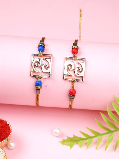 Dhiyona Red Set Of 2 Beaded Square Charm Thread Rakhis With Roli Chawal & Greeting Card