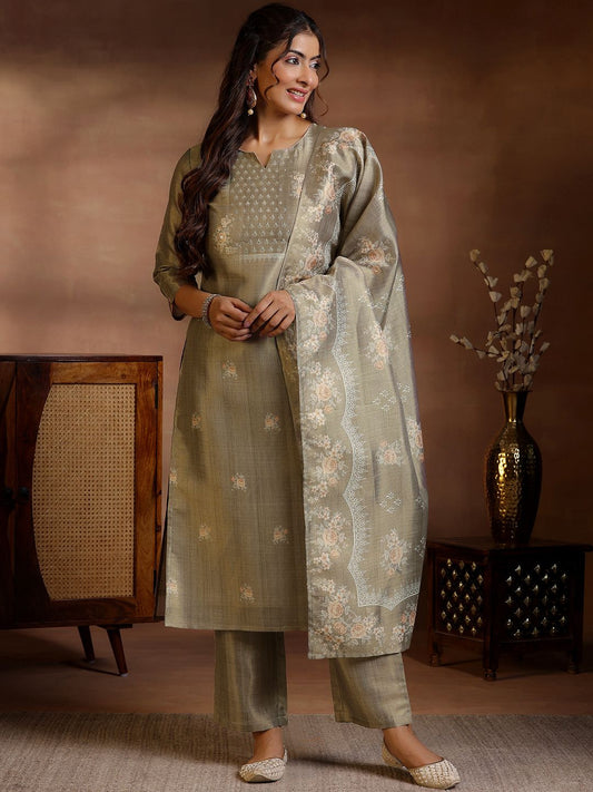 Women Floral Printed Regular Sequinned Pure Silk Kurta with Trousers & With Dupatta