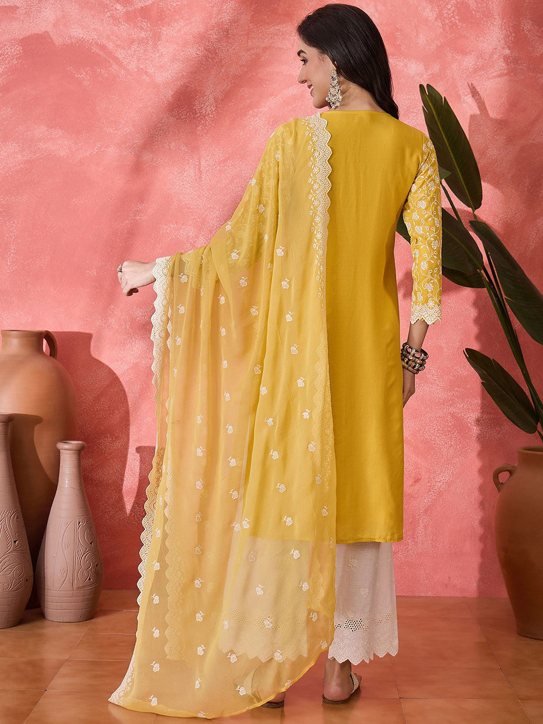 Women Floral Embroidered Cotton Kurta with Trousers & Dupatta