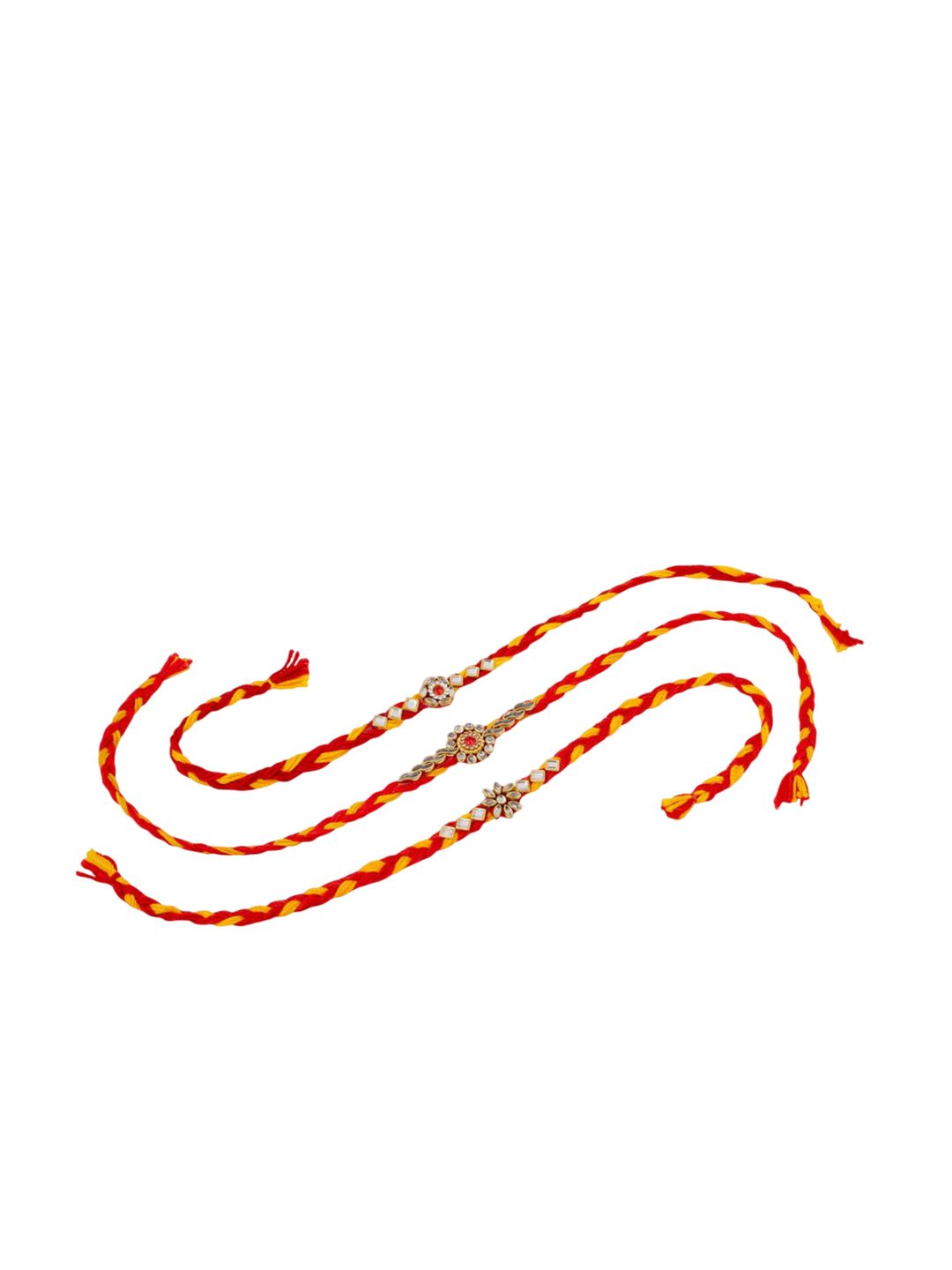 Dhiyona Men Set Of 3 Red & Yellow Kundan Studded Floral Design Thread Rakhi With Roli Chawal