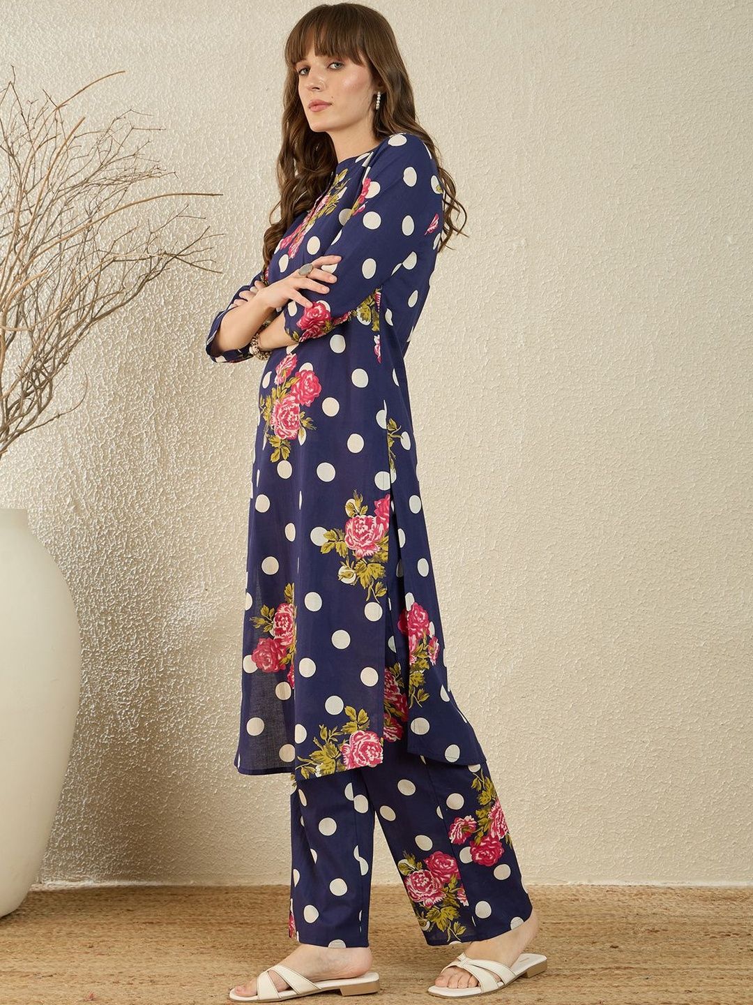 Dhiyona IE Printed Mandarin Collar Three-Quarter Sleeves Pure Cotton Tunic And Trousers