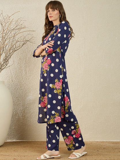 Dhiyona IE Printed Mandarin Collar Three-Quarter Sleeves Pure Cotton Tunic And Trousers