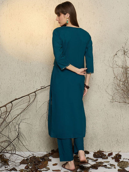 Dhiyona IE Women Embroidered Round Neck Cotton Top and Trousers Co-Ords