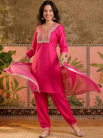 Women Pink Solid Print Embroidery & Sequinned Work Kurta Afagani Salwar & Dupatta