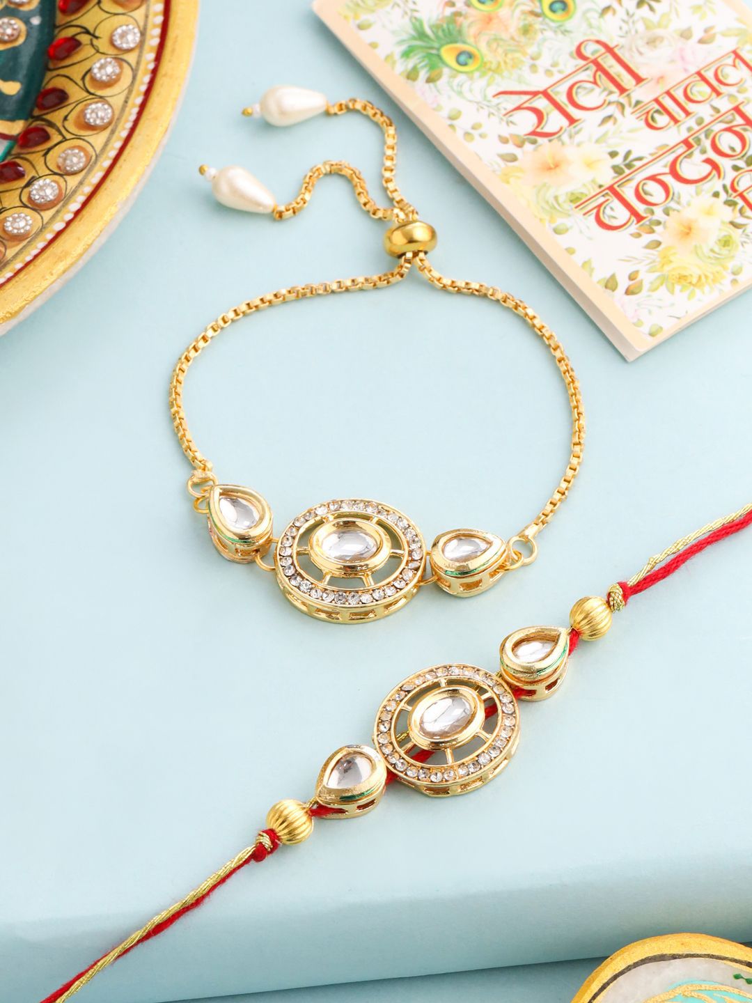 Dhiyona Set Of 2 Gold Toned Kundan Bhaiya Bhabhi Rakhi With Roli Chawal Chandan Mishri
