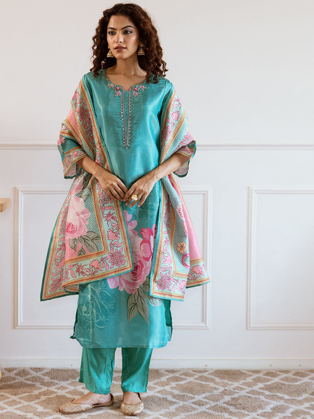 Floral Embroidered Notch Neck Tissue Silk Straight Kurta With Trousers & Dupatta