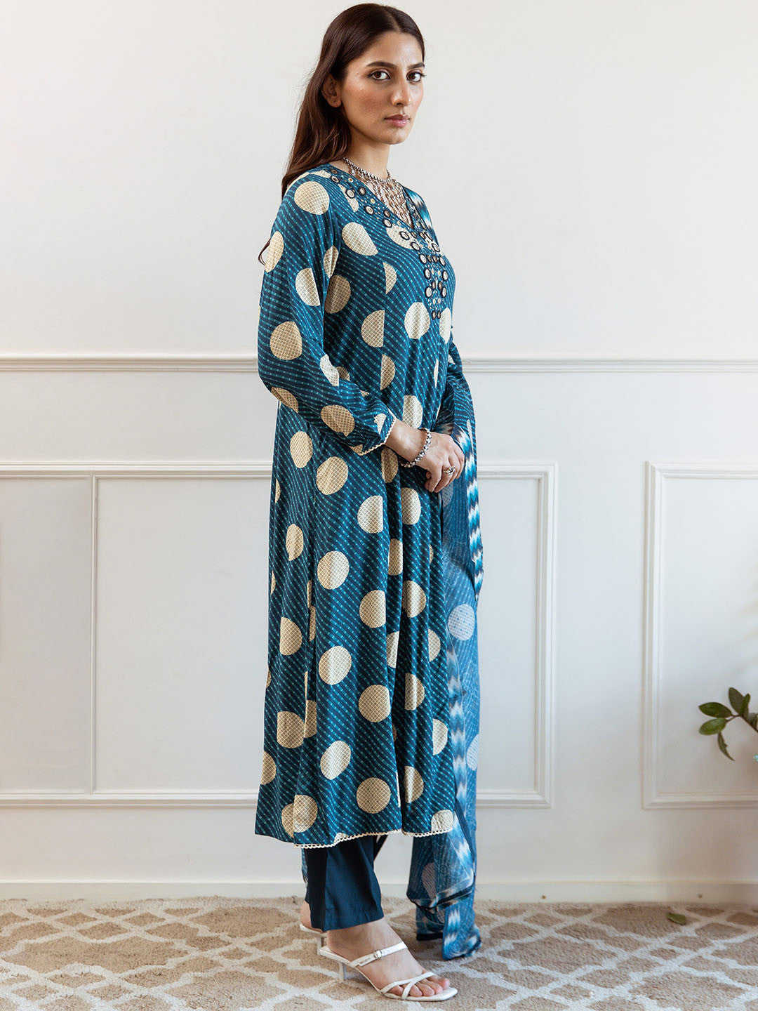 Leheriya Printed V-Neck Mirror Work A-Line Kurta With Trousers And Dupatta