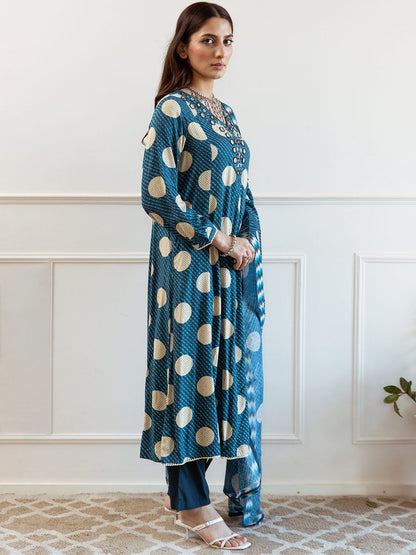 Leheriya Printed V-Neck Mirror Work A-Line Kurta With Trousers And Dupatta