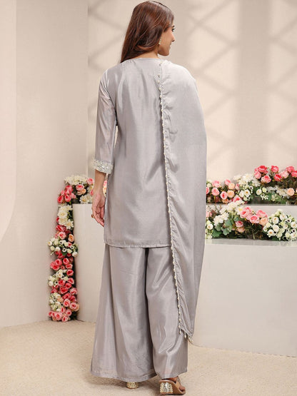 Grey Embellished Chinon Straight Suit Set with Dupatta