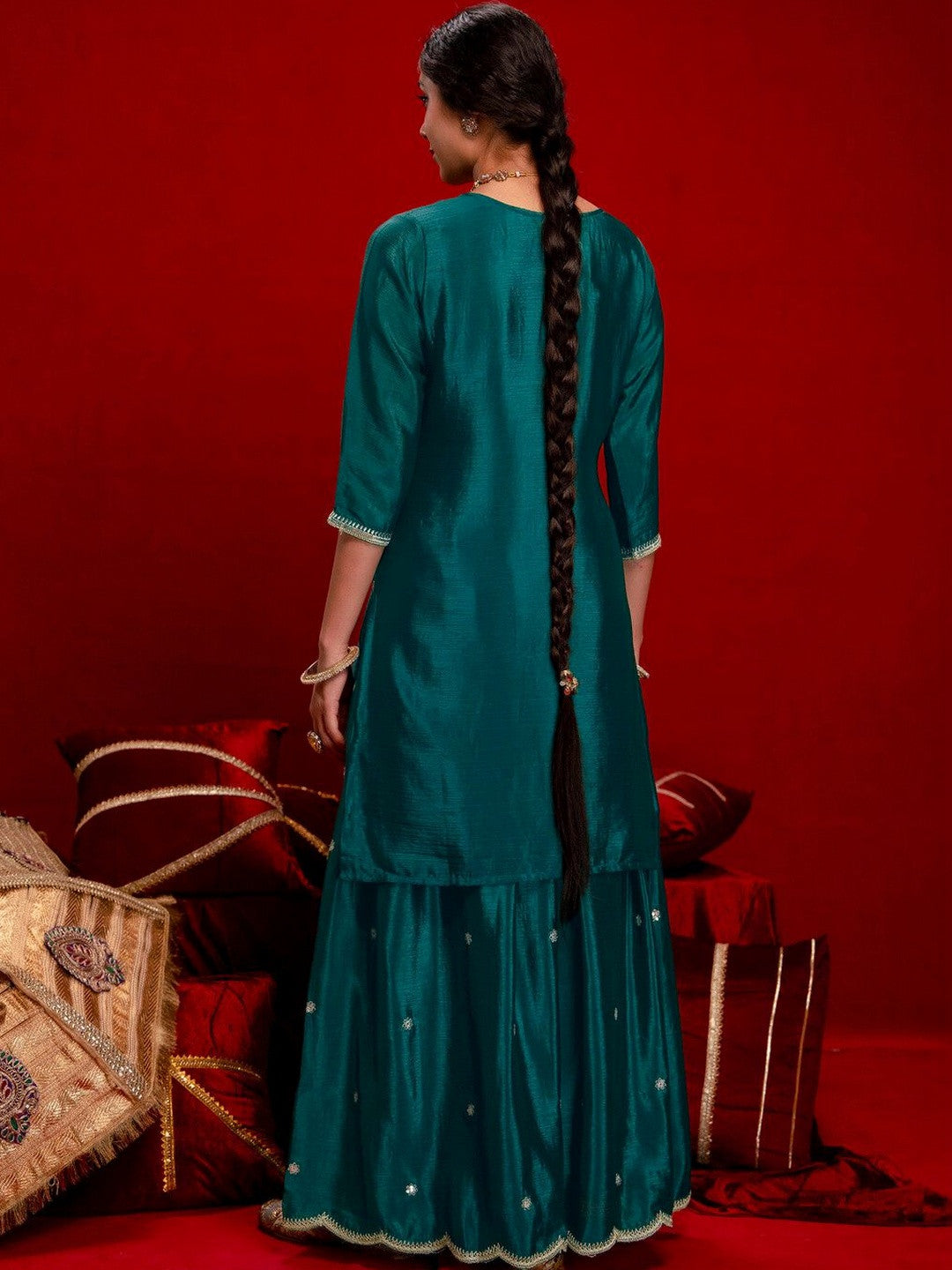 Women Ethnic Motifs Embroidered Regular Thread Work Kurta with Sharara & With Dupatta