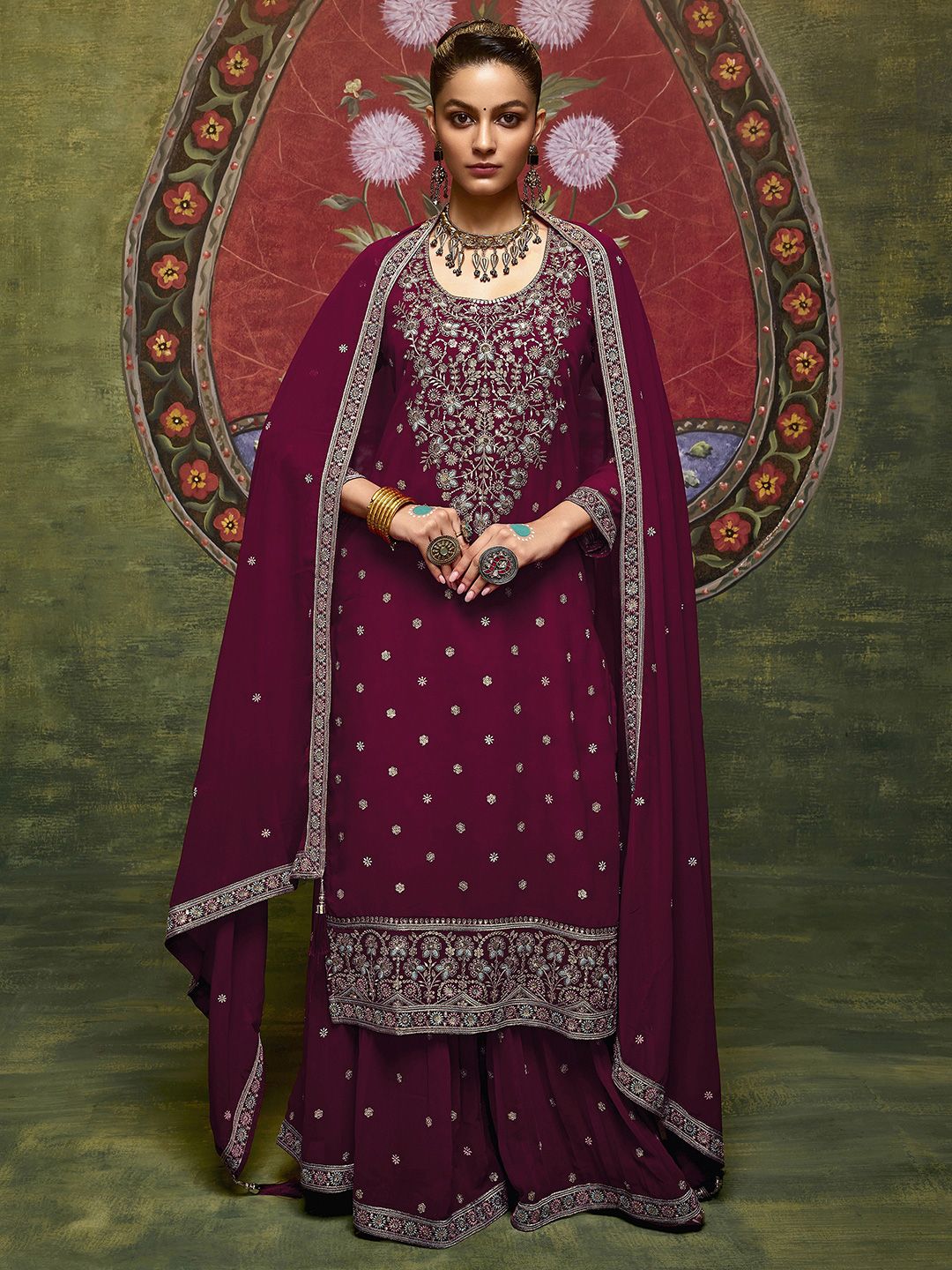 Dhiyona LL Floral Embroidered Scoop Neck Georgette Straight Kurta With Palazzos And Dupatta
