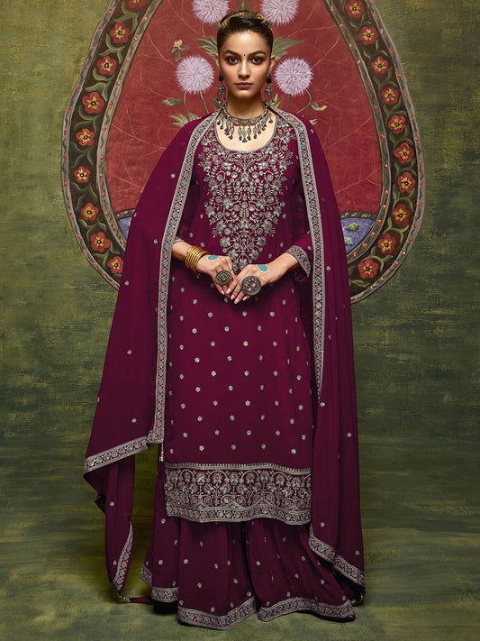 Dhiyona LL Floral Embroidered Scoop Neck Georgette Straight Kurta With Palazzos And Dupatta