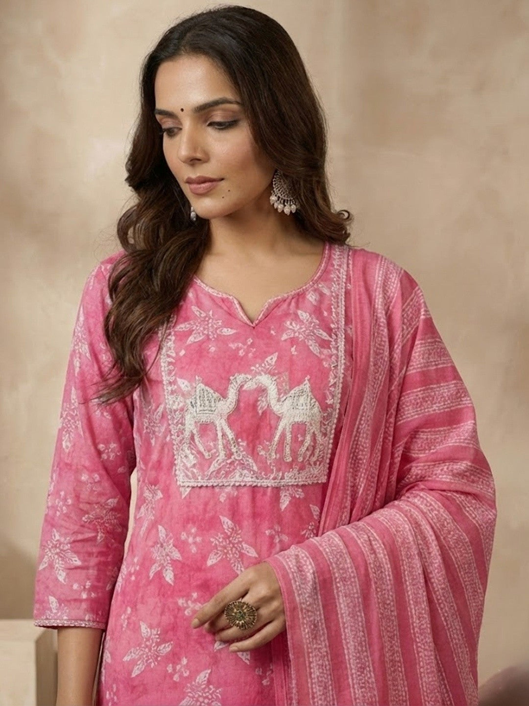 Printed Pure Cotton Round Neck Kurta & Trousers With Dupatta