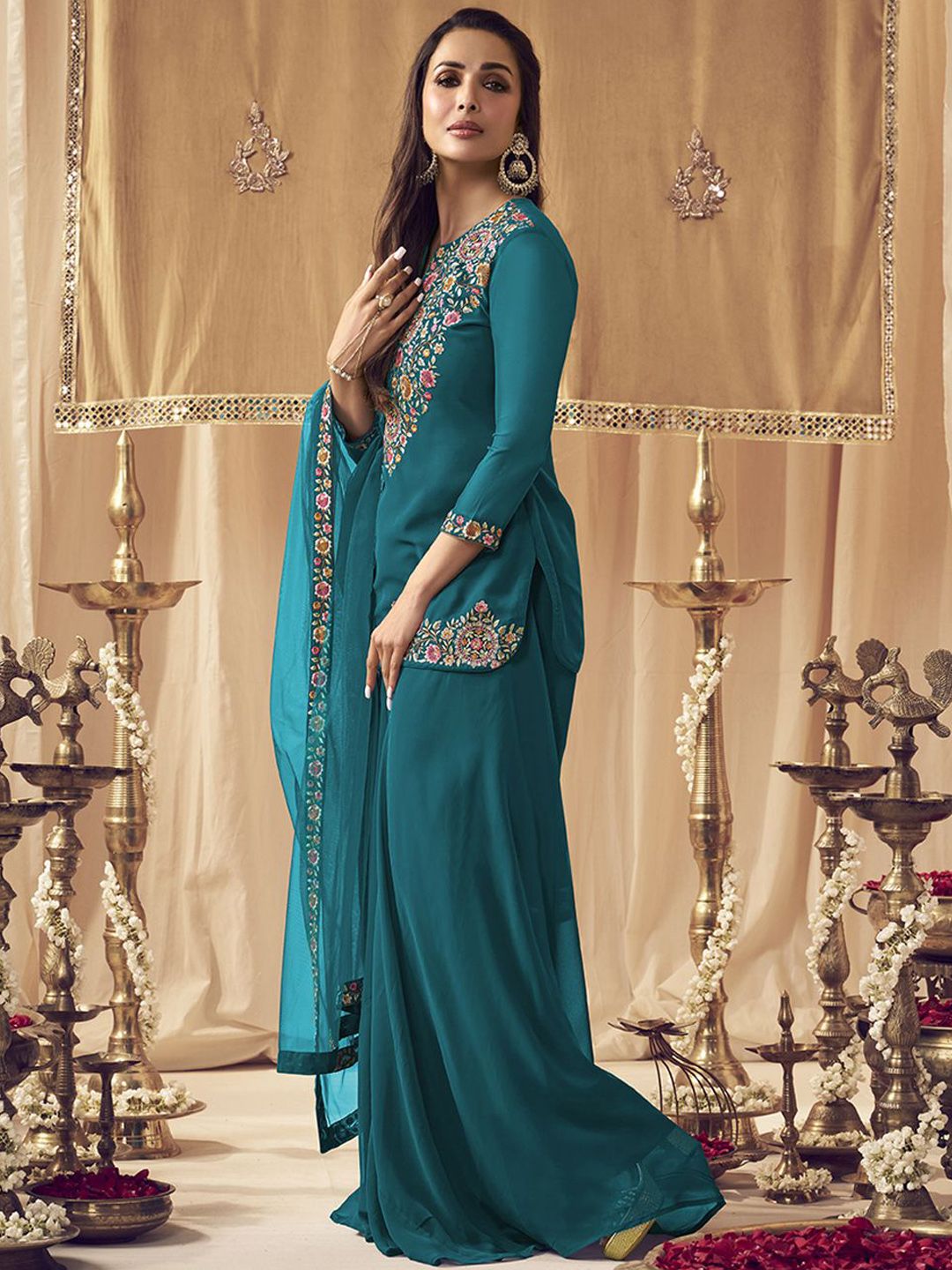 Dhiyona IN Turquoise Blue Floral Embroidered Notch Neck Georgette Kurti with Palazzo & Dupatta