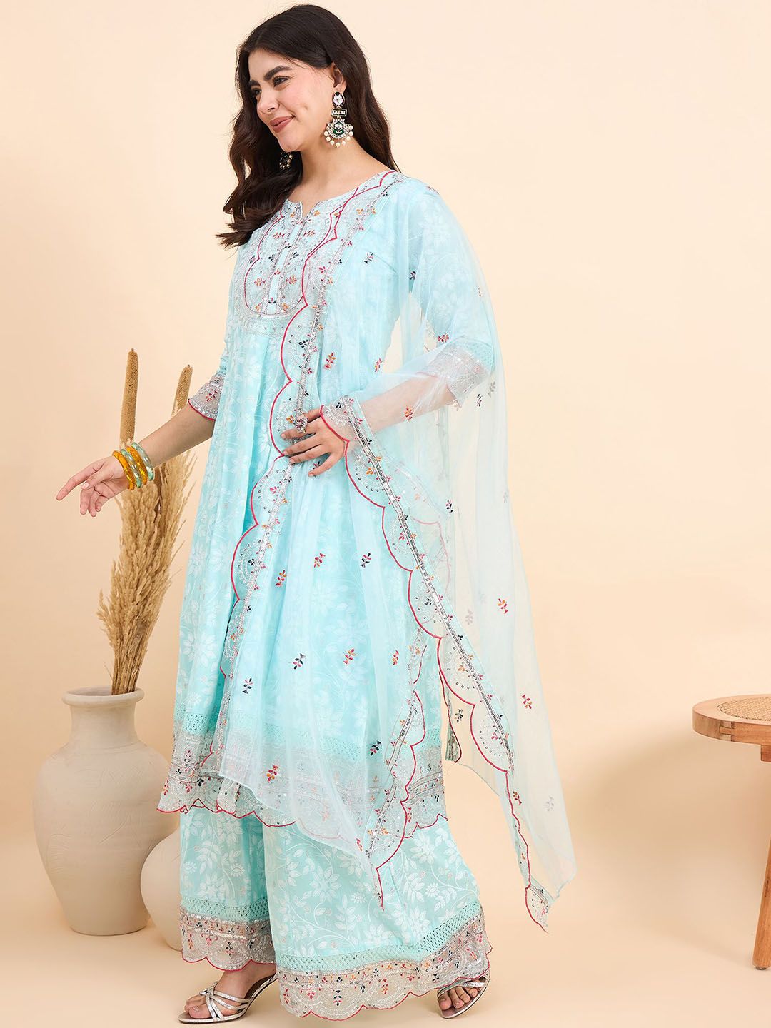 Dhiyona AN Floral Printed Notch Neck Pure Cotton Kurta With Sharara & Dupatta