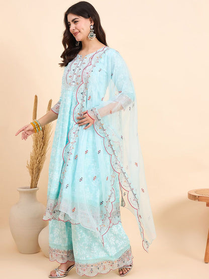 Dhiyona AN Floral Printed Notch Neck Pure Cotton Kurta With Sharara & Dupatta