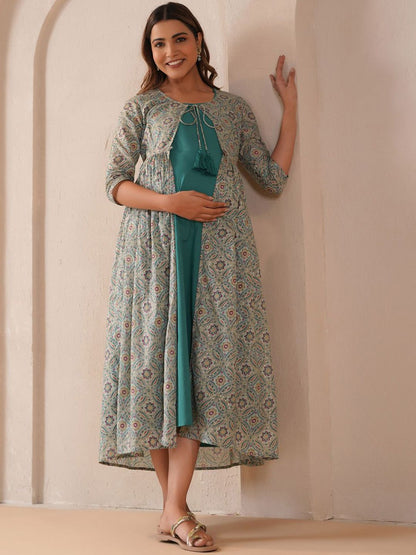 Dhiyona AY Women's Printed Fit & Flared Maternity Ethnic Dresses With Jacket