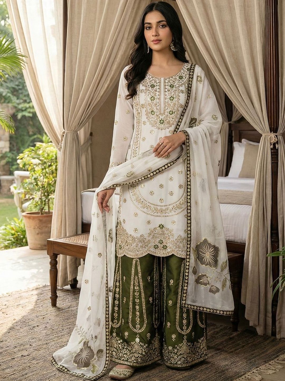 Dhiyona KL Women Ethnic Motifs Embroidered Regular Thread Work Kurta with Sharara & With Dupatta