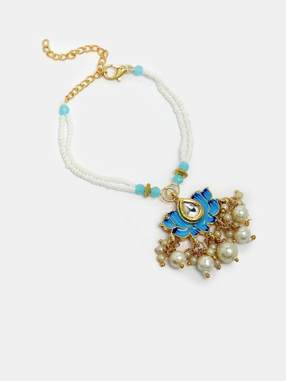Dhiyona Unisex Set Of 2 Blue Lotus Shape Kundan-Studded & Beaded Wraparound Rakhi Set