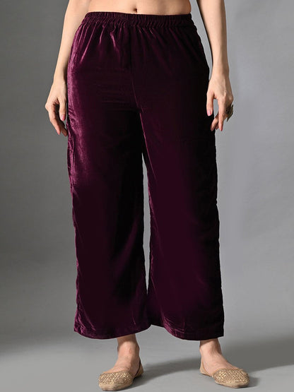 Embroidered Velvet Round Neck Kurta & Trousers With Dupatta