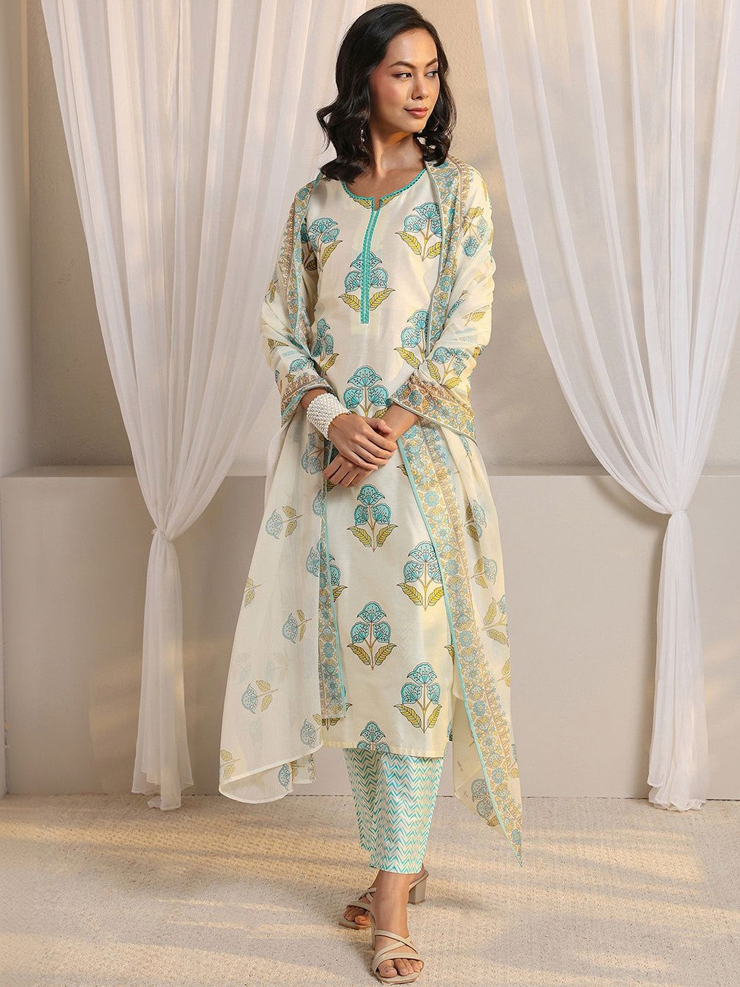 Off White Floral Printed Chanderi Silk Straight Suit Set with Dupatta