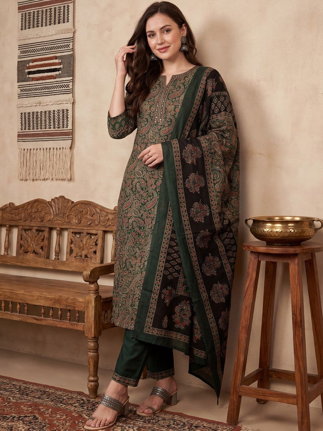 Women Ethnic Motifs Printed Regular Thread Work Pure Cotton Kurta with Trousers & With Dupatta