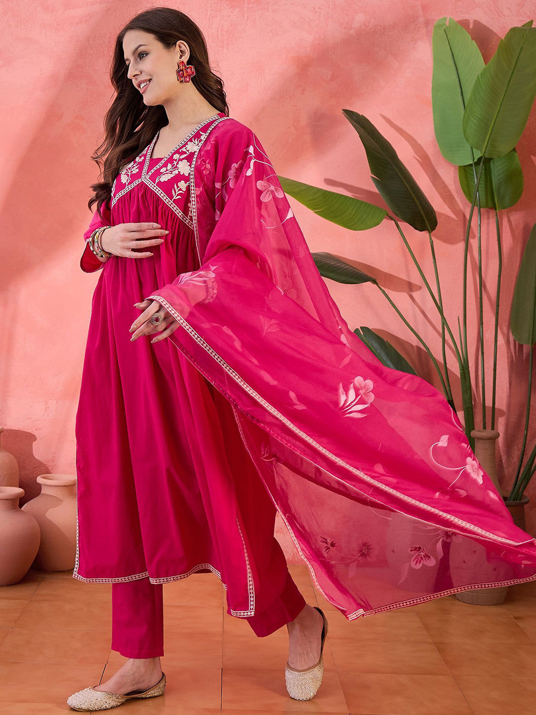 Pink Floral Yoke Design Empire V-Neck Pure Cotton Kurta With Trouser And Dupatta