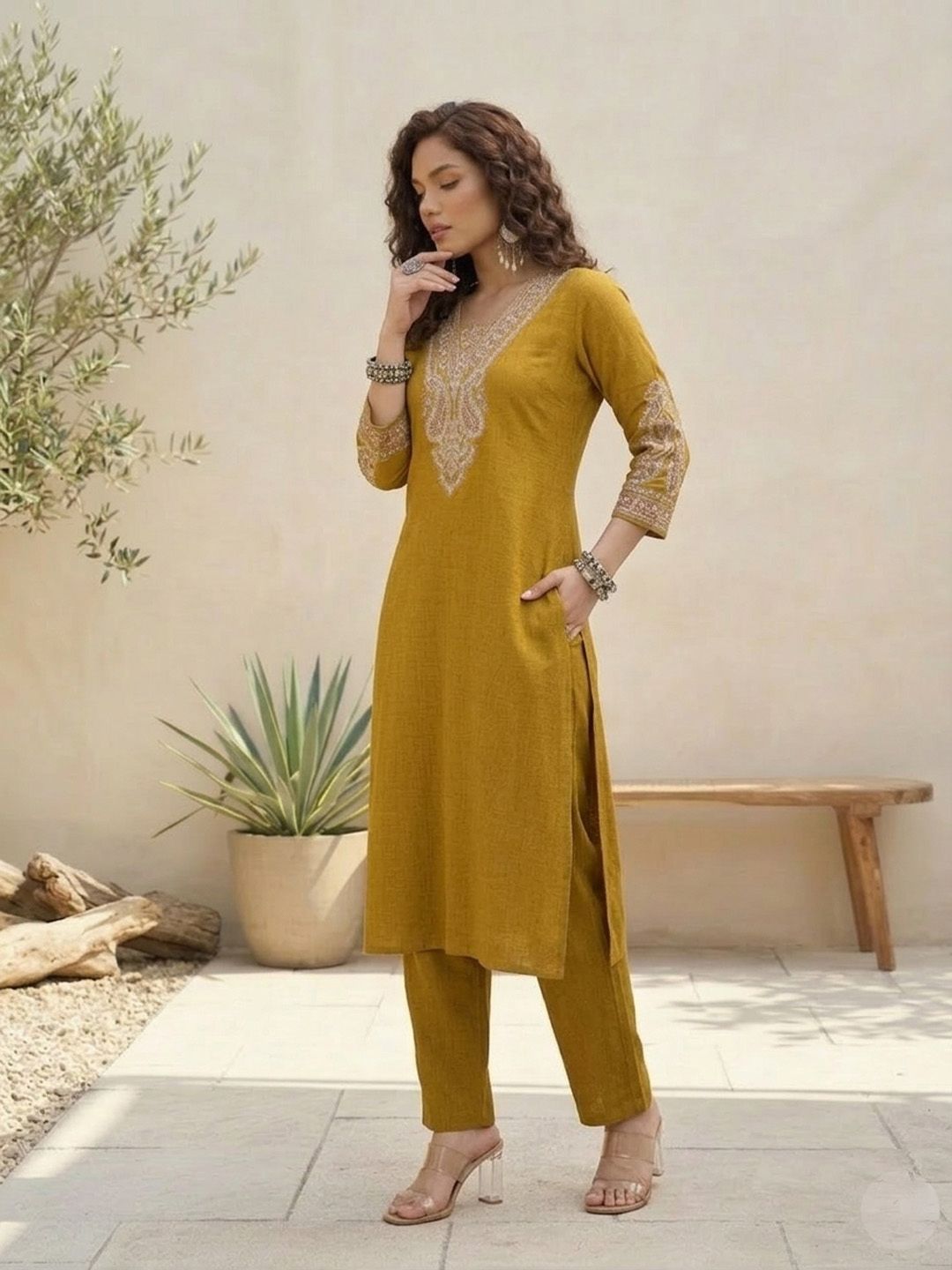 Mustard Women Ethnic Motifs Embroidered Regular Thread Work Kurta with Trousers