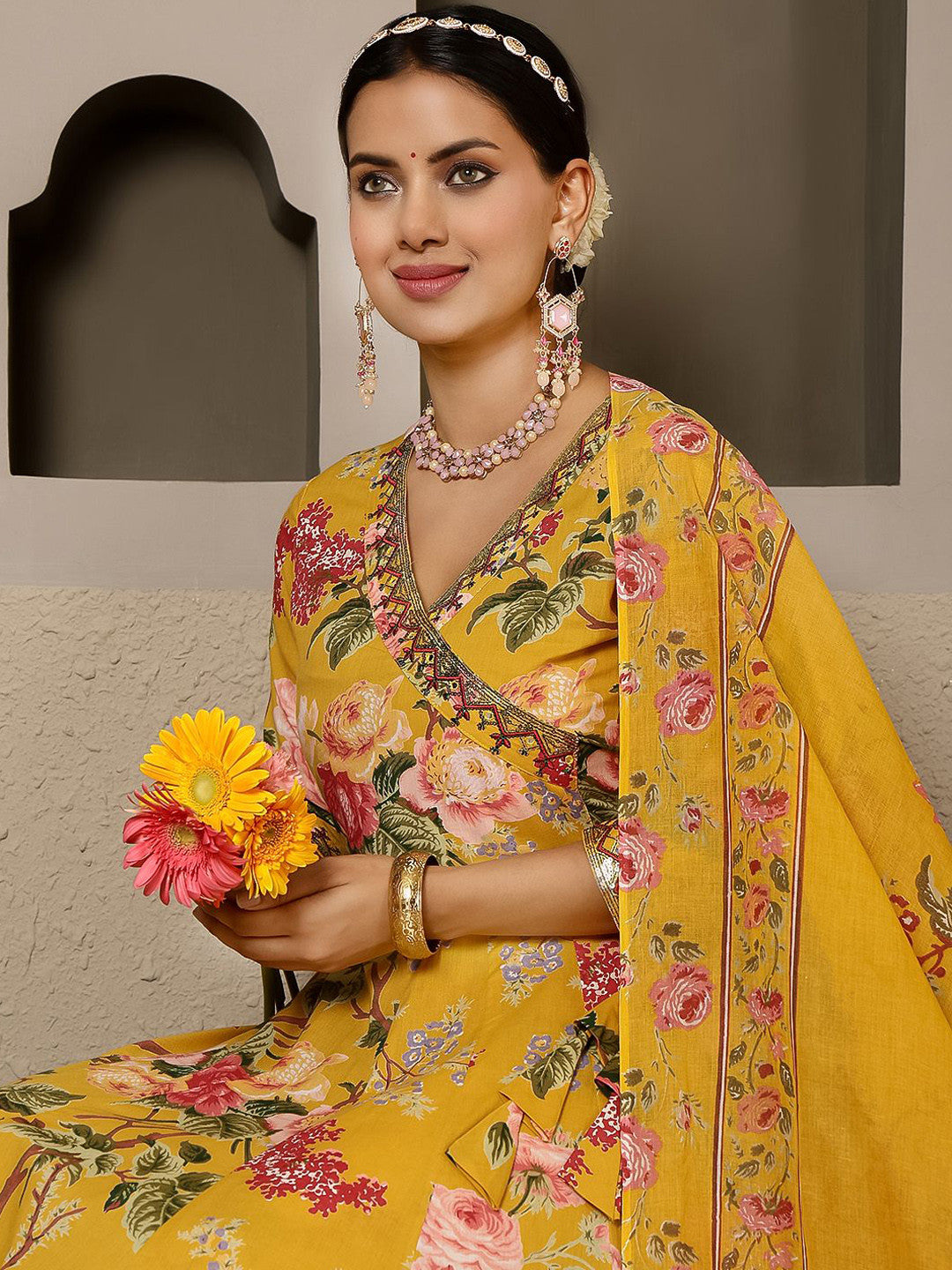 Women Floral Printed Pure Cotton Anarkali Kurta with Trouser & Dupatta