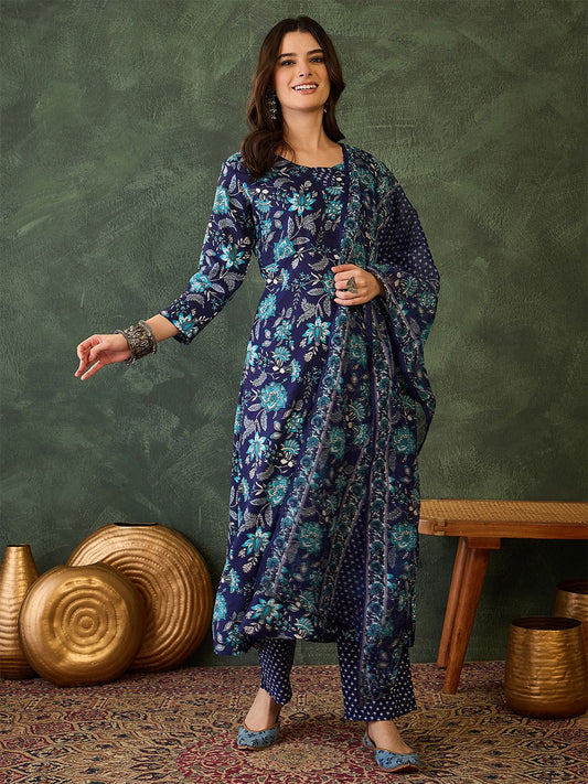 Dhiyona KL Floral Printed Regular Kurta with Trousers & Dupatta