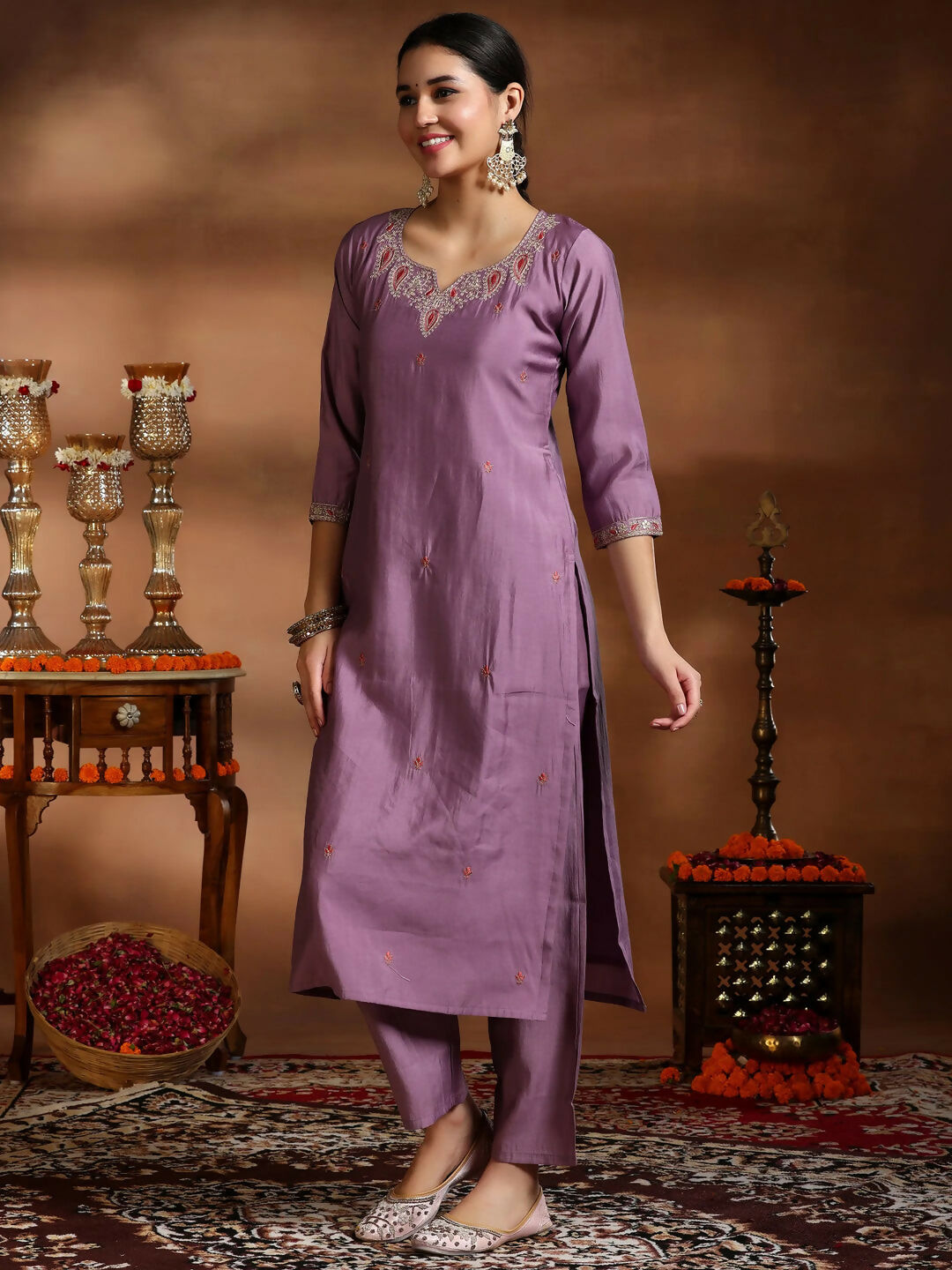 Women's LB Mauve Embroidered Silk Blend Straight Suit With Dupatta