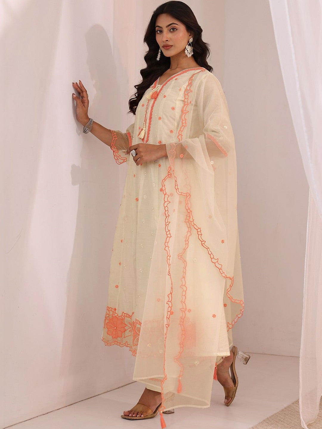 White Floral Embroidered Silk Blend A-Line Suit Set