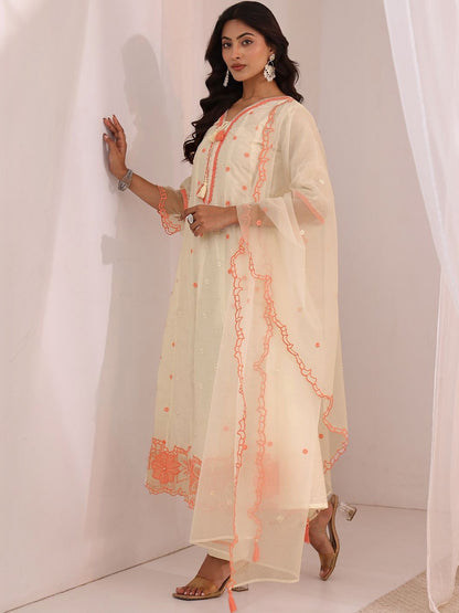 White Floral Embroidered Silk Blend A-Line Suit Set