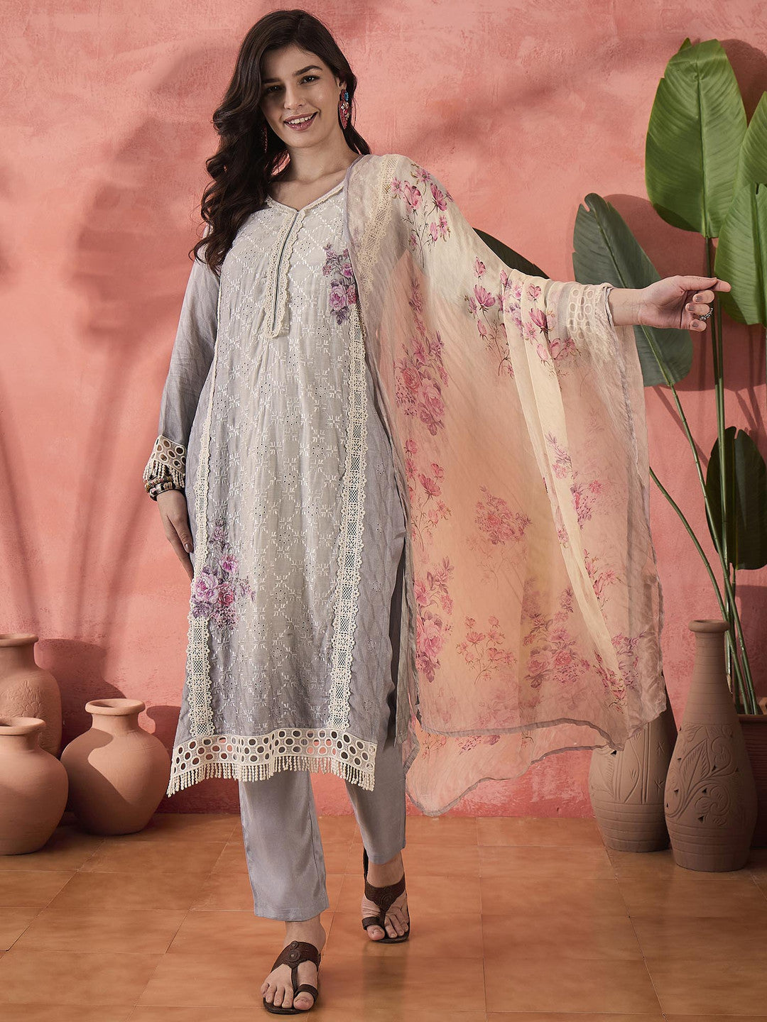 Grey Floral Printed V-Neck Kurta With Trousers And Dupatta