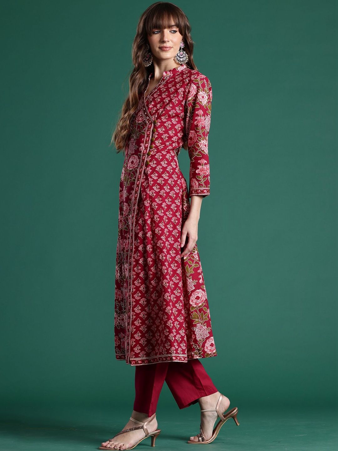 Dhiyona IE Women Floral Printed Angrakha Pure Cotton Kurta with Trousers & With Dupatta
